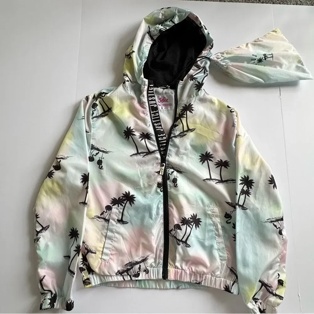 New! Girls 14/16 Justice Palm Tree Hooded Lightweight Jacket Spring Summer Rain